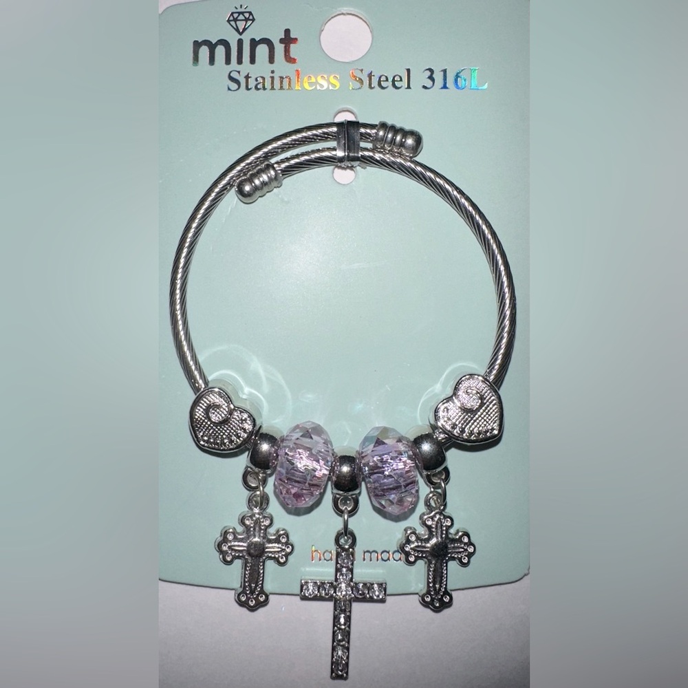 Mint Stainlees Steal Charm Bracelet with Divinity Cross, Hearts and Beads.